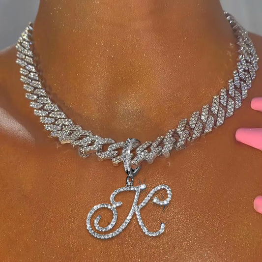 Iced Out Cursive Initial Necklace